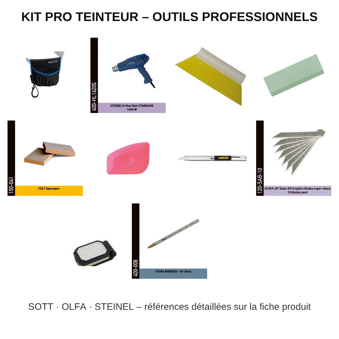 Kit pro teinteur HorizonPros : sac à outils SOTT, pistolet thermique STEINEL, raclettes, cutter OLFA, lampe, lames, crayon marqueur