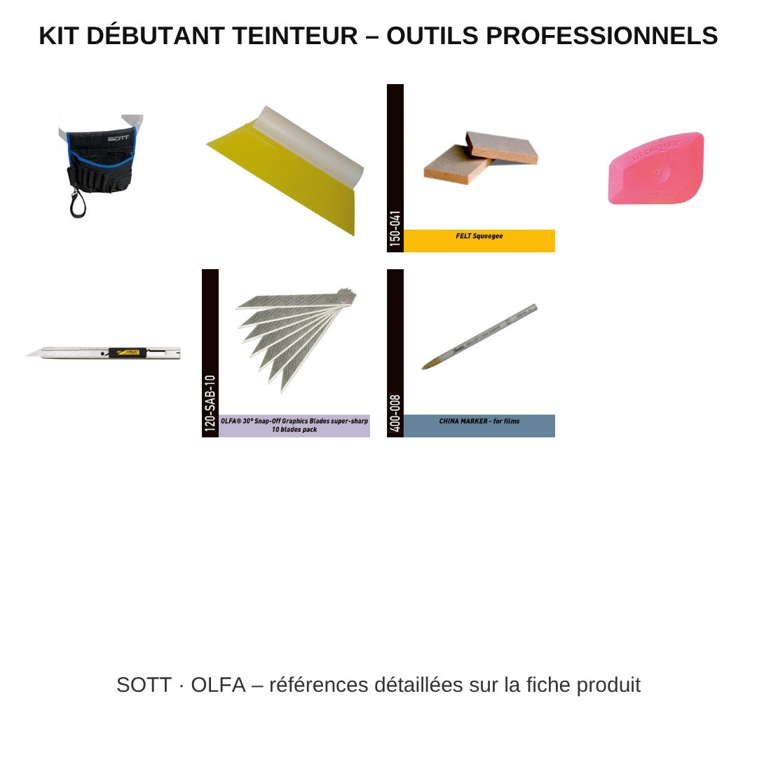 Kit débutant teinteur HorizonPros : sac à outils SOTT, raclettes, cutter OLFA, lames, crayon marqueur
