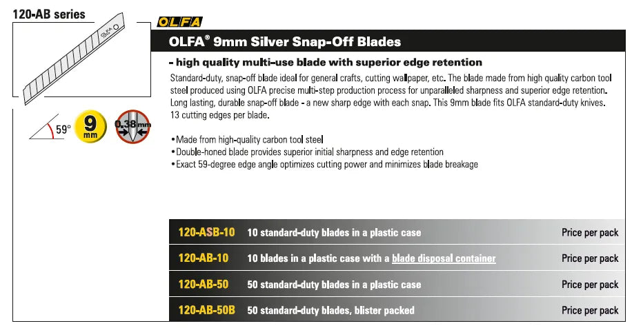 OLFA Lames sécables 9 mm 45°- 50 Pcs (blister)