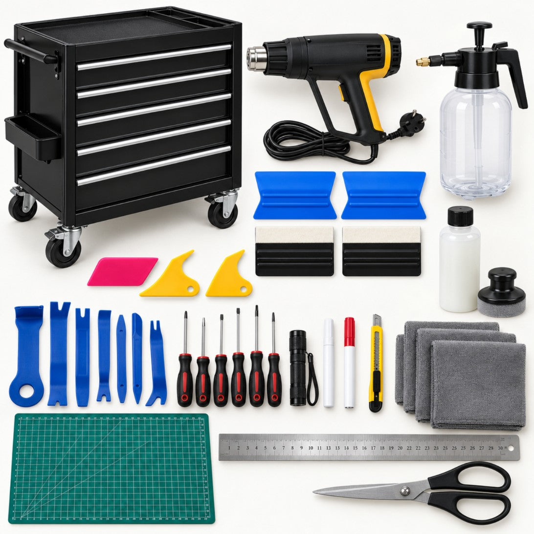 Kit complet atelier HorizonPros : servante, décapeur thermique, raclettes, outils de démontage et accessoires de pose